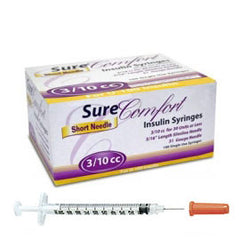SureComfort U-100 Insulin Syringes Short Needle - 31G 3/10cc 5/16" - BX 100