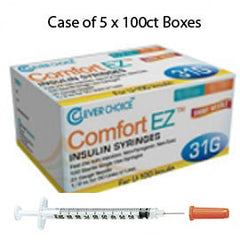 Case of 5 Clever Choice Comfort EZ Insulin Syringes - 31G U-100 3/10 cc 5/16" - BX 100