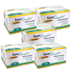 SureComfort U-100 Insulin Syringes Short Needle 31g 1cc 5/16in 100/bx Case of 5