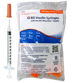 BD Insulin Syringes Ultra-Fine II Short Needle - 1/2cc 31G 5/16" - Polybag of 10ct