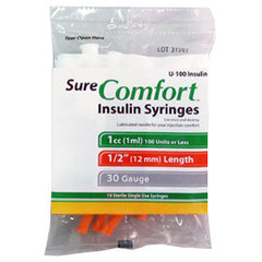 SureComfort U-100 Insulin Syringes - 30G 1cc 1/2" - Polybag of 10 Ct