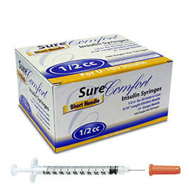 SureComfort U-100 Insulin Syringes Short Needle - 31G 1/2cc 5/16" - BX 100