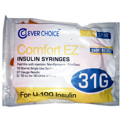 Clever Choice Comfort EZ Insulin Syringes - 31G U-100 1 cc 5/16" - Polybag of 10 Ct