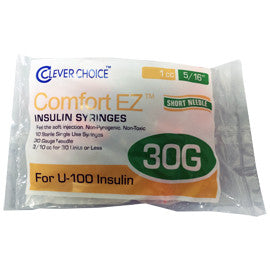 Clever Choice Comfort EZ Insulin Syringes - 30G U-100 1 cc 5/16" - Polybag of 10 Ct