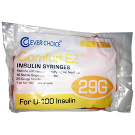 Clever Choice Comfort EZ Insulin Syringes - 29G U-100 1cc 1/2"- Polybag of 10 Ct