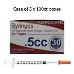 Case of 5 Advocate Insulin Syringes - 30G 1/2cc 5/16"- BX 100
