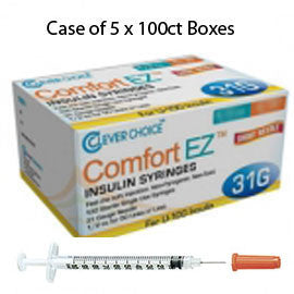 Case of 5 Clever Choice Comfort EZ Insulin Syringes - 31G U-100 1/2 cc 5/16" - BX 100