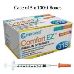 Case of 5 Clever Choice Comfort EZ Insulin Syringes - 31G U-100 1 cc 5/16" - BX 100