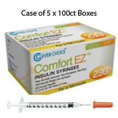 Case of 5 Clever Choice Comfort EZ Insulin Syringes - 29G U-100 1/2 cc 1/2" - BX 100