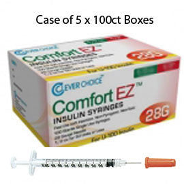 Case of 5 Clever Choice Comfort EZ Insulin Syringes - 28G U-100 1 cc 1/2" - BX 100