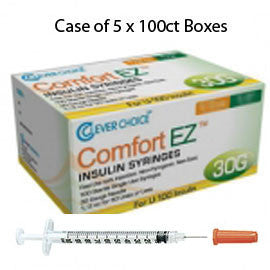 Case of 5 Clever Choice Comfort EZ Insulin Syringes - 30G U-100 3/10 cc 5/16" - BX 100